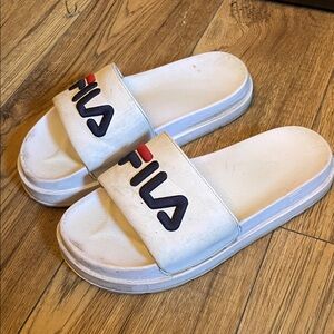 Fila White Slide Sandals with Red and Blue Logo